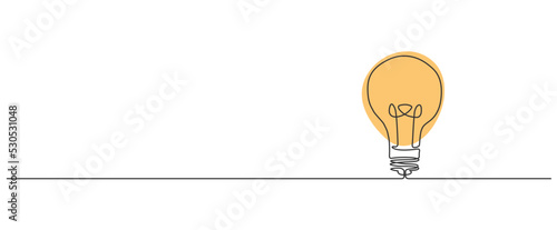 single line drawing of light bulb isolated on white background, line art vector illustration