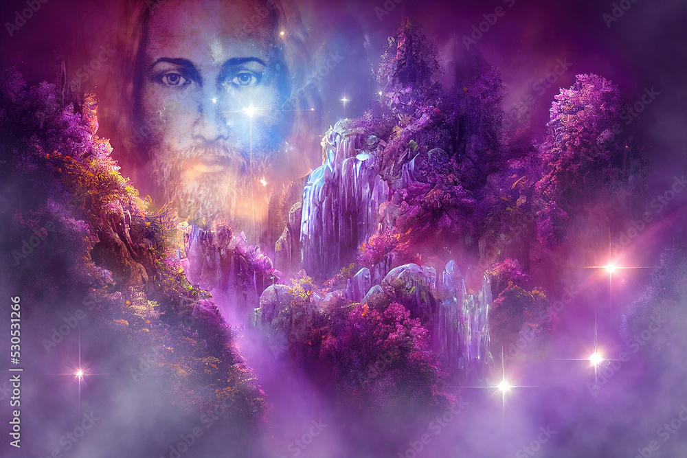 Beautiful mystical landscape and Jesus face with a crystal waterfall and a beautiful purple forest in the cosmic space.