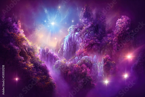 Fotografie, Tablou Beautiful mystical landscape with a crystal waterfall and a beautiful purple forest in the cosmic space