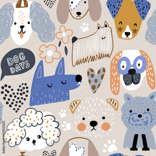 Seamless pattern with cute creative dogs, hearts,flowers. Funny puppy childish texture. Vector illustration