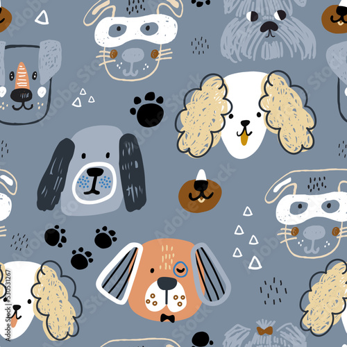 Canvas Print Seamless pattern with cute creative dogs faces