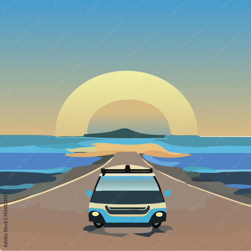 Seaview road trip. Mountains landscape. flat design