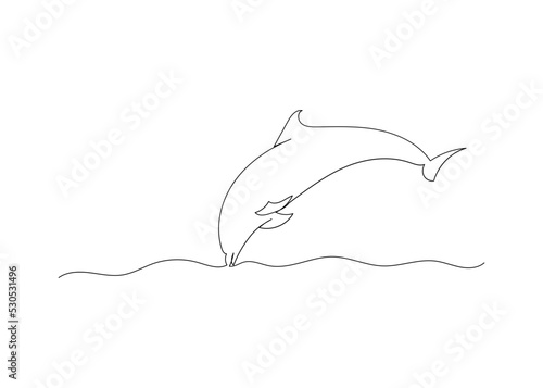 Continuous line drawing of dolphin with the ocean. Minimalism art.