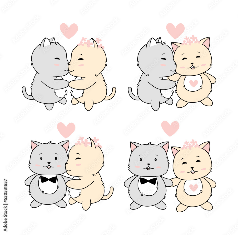 Flat vector kawaii cats in love. Postcard, invitation. Romantic, childish and cute. Flat vector kawaii cats in love. Postcard, invitation. Romantic, childish and cute.