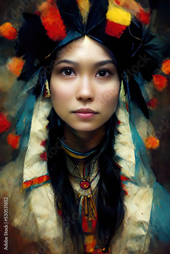 Native american indian woman face on abstract background.