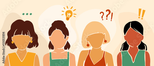 Thinking women profile of different nationalities vector illustration. Conversation and talk female faces design portrait. Woman problem.