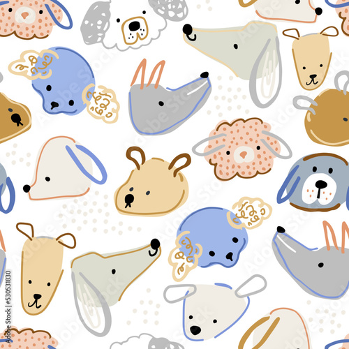 Seamless dog face pattern. Hand drawn cute dogs texture. Vector illustration