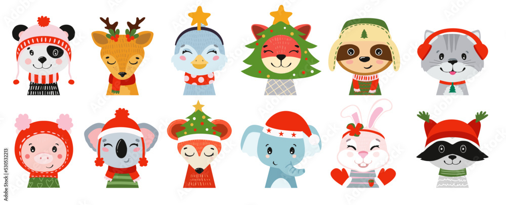 Set of christmas illustrations for the heads of animals. Vector xmas illustration of beautiful mammals.