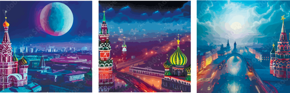 Set of 3 illustrations of the city. Futuristic moscow, fictional city view