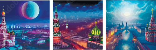Set of 3 illustrations of the city. Futuristic moscow, fictional city view
