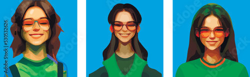 Expressive emotions of a young beautiful girl. Bright color set flat design