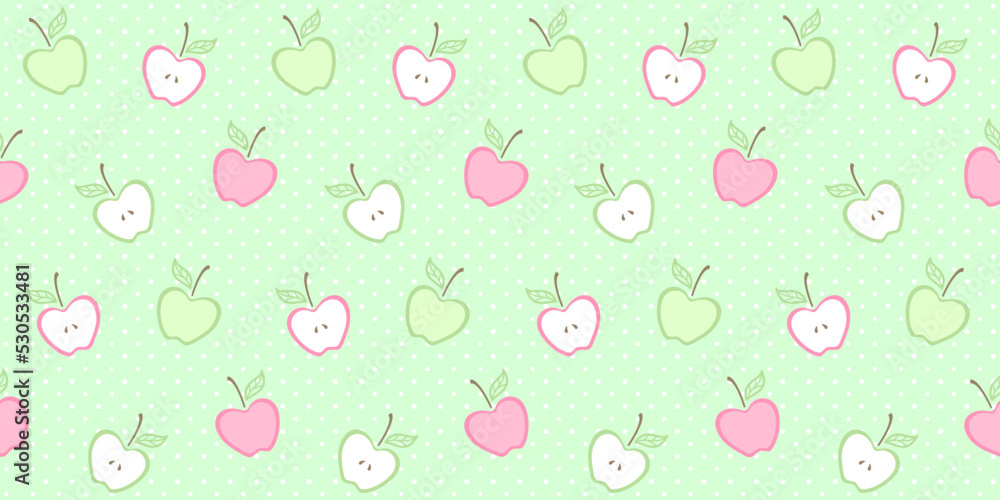 Green and pink apples with a leaf on a light green polka dot background. Fruit. Vector seamless pattern for surface texture, print, wrapping paper, packaging, cover, country fair, farm market or store