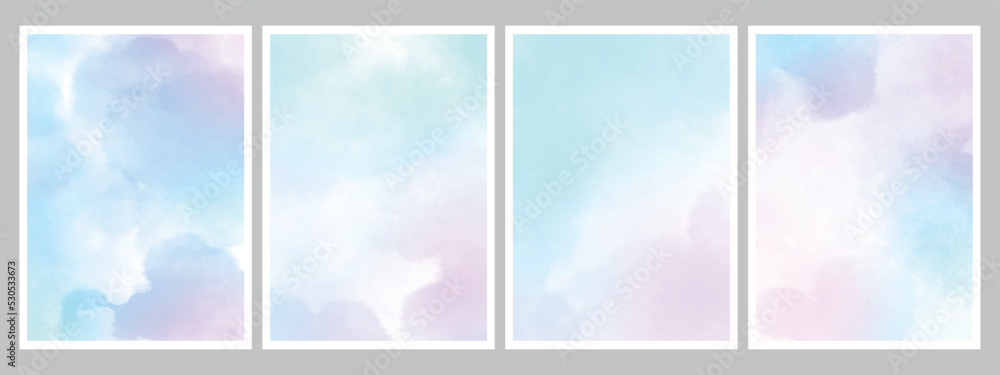 Set of abstract pastel watercolor backgrounds. Blue sky and pink gradient. Vector eps 10.