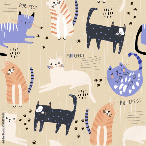 Seamless childish pattern with cute hand drawn cats. Creative kids hand drawn texture for fabric, wrapping, textile, wallpaper, apparel. Vector illustration