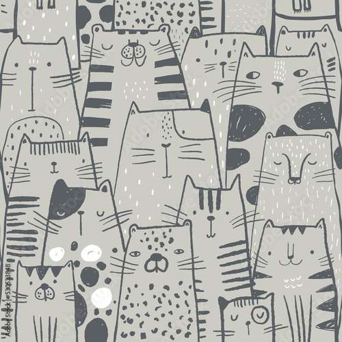 Seamless childish pattern with ink drawn cats. Creative kids hand drawn texture for fabric, wrapping, textile, wallpaper, apparel. Vector illustration