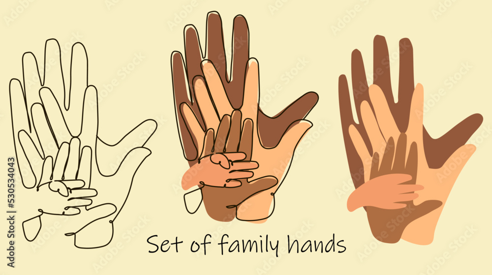 Fototapeta premium A set of linear, blotchy and mix sketches of the family's hands. The hands of a father, mother and two children embrace. Interracial marriage. Suitable for greeting card, print on clothes, flyers.