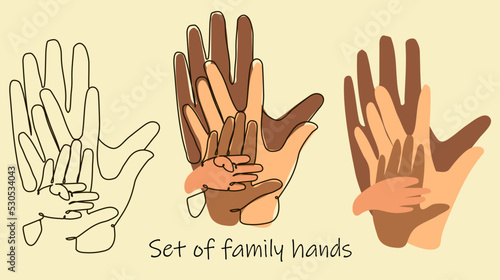 A set of linear, blotchy and mix sketches of the family's hands. The hands of a father, mother and two children embrace. Interracial marriage. Suitable for greeting card, print on clothes, flyers.