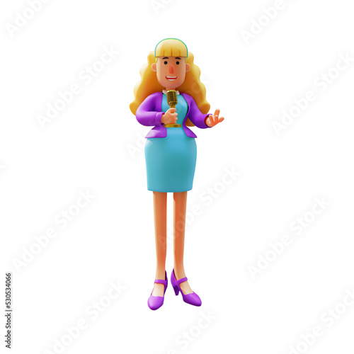  3D illustration.3D Business Woman Cartoon Design Talking in Microphone. like saying something. laughing expression. 3D Cartoon Character