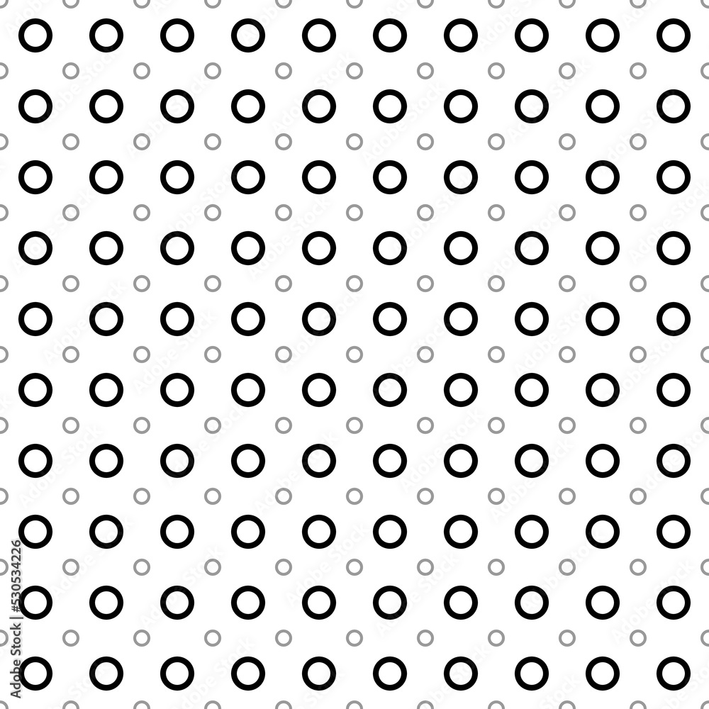 Square seamless background pattern from black circle symbols are different sizes and opacity. The pattern is evenly filled. Vector illustration on white background