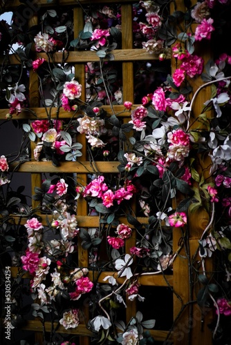 Vertical shot of decorative flowers wrapped over a wooden latticed door