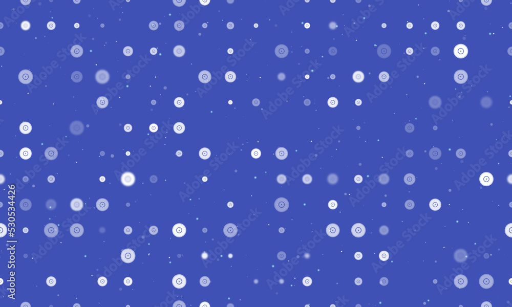 Seamless background pattern of evenly spaced white gramophone record symbols of different sizes and opacity. Vector illustration on indigo background with stars