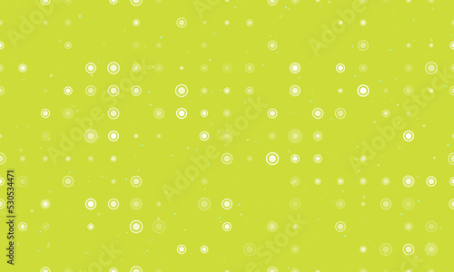 Seamless background pattern of evenly spaced white radio button symbols of different sizes and opacity. Vector illustration on lime background with stars