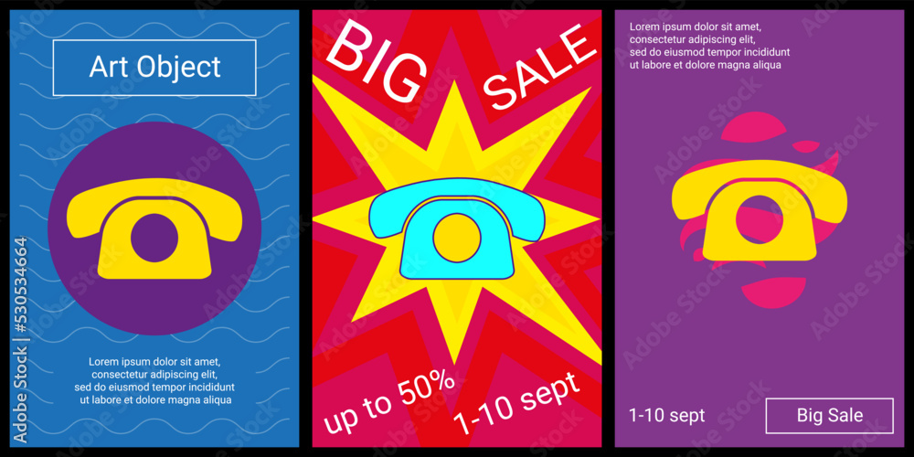 Fototapeta premium Trendy retro posters for organizing sales and other events. Large vintage telephone symbol in the center of each poster. Vector illustration on black background