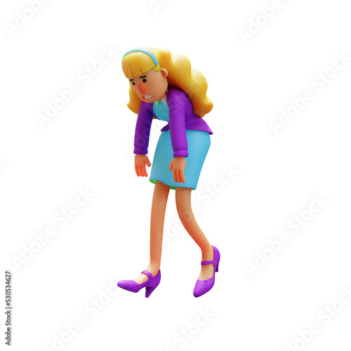  3D illustration. 3D cartoon business woman feeling tired. slightly bent body. showing a limb expression. 3D Cartoon Character