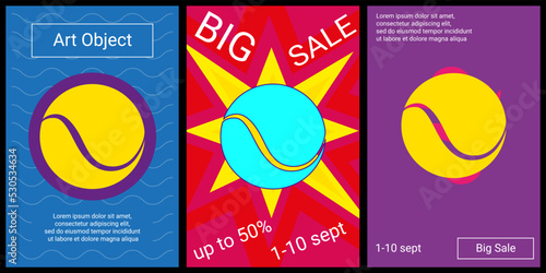 Trendy retro posters for organizing sales and other events. Large tennis ball in the center of each poster. Vector illustration on black background