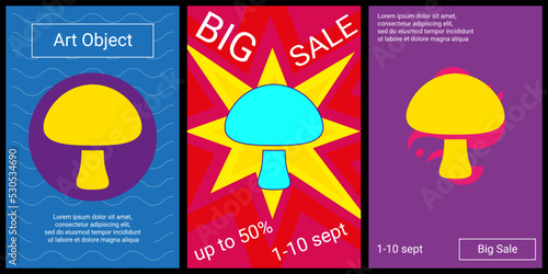 Trendy retro posters for organizing sales and other events. Large mushroom symbol in the center of each poster. Vector illustration on black background