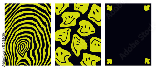 Set of acid futuristic backgrounds. Vector Psychedelic posters in the style of the 90s. Smiling faces and distorted pattern. Trendy Graphic Template with space for text