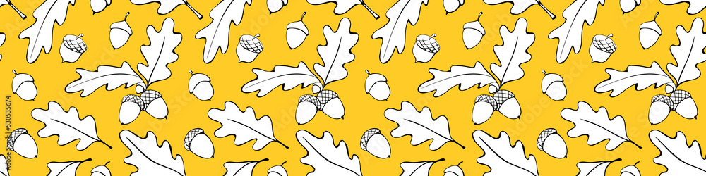 Seamless pattern with oak leaves, acorns. Vector autumn color texture, template isolated, hand drawn in doodle flat style. Concept of forest, leaf fall, nature, thanksgiving Seamless pattern with oak leaves, acorns. Vector autumn color texture, template isolated, hand drawn in doodle flat style. Concept of forest, leaf fall, nature, thanksgiving