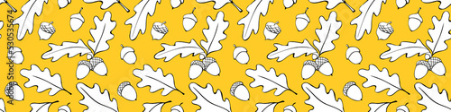Seamless pattern with oak leaves, acorns. Vector autumn color texture, template isolated, hand drawn in doodle flat style. Concept of forest, leaf fall, nature, thanksgiving