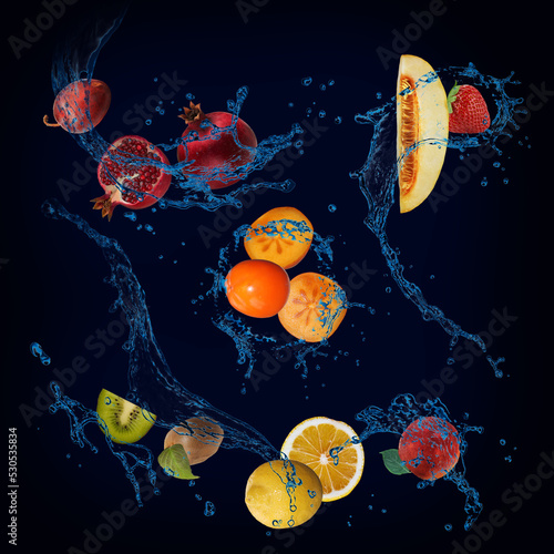 Wallpaper with fruits in water - juicy persimmon, melon, pomegranate, kiwi, plum are very tasty and nutritious photo