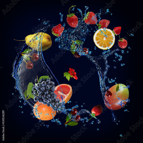 Fototapeta Naklejka Na Ścianę i Meble -  Wallpaper with fruits in water - juicy strawberries0 cherry, pear, mango, grape, grapefruit are filled with vitamins