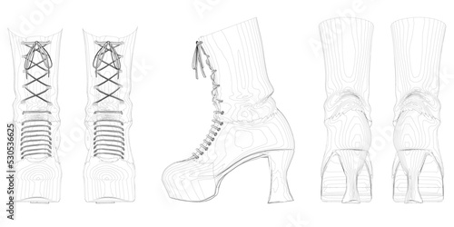 Contour of women's shoes with high heels from black lines isolated on white background. Front, side, back view. Vector illustration.