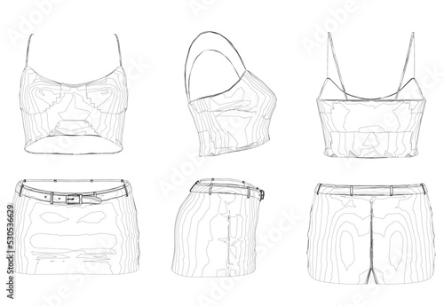 Set with contours of a women's top with a short skirt from black lines isolated on a white background. Front, side, back view. Vector illustration.