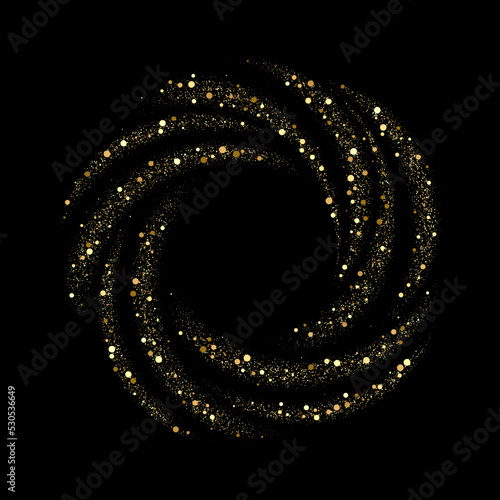 Black background with gold swirl glitter particles.Abstract background circle frame gold color. Swirl design element.