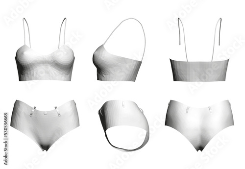 Set with a polygonal model of a white women's crop top with red shorts isolated on a white background. Front, side, back view. 3D. Vector illustration.