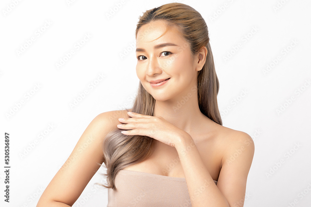Happy beautiful young asian woman clean fresh bare skin concept. Asian girl beauty face skincare and health wellness, Facial treatment, Perfect skin, Natural make up. Isolated on white background. Happy beautiful young asian woman clean fresh bare skin concept. Asian girl beauty face skincare and health wellness, Facial treatment, Perfect skin, Natural make up. Isolated on white background.