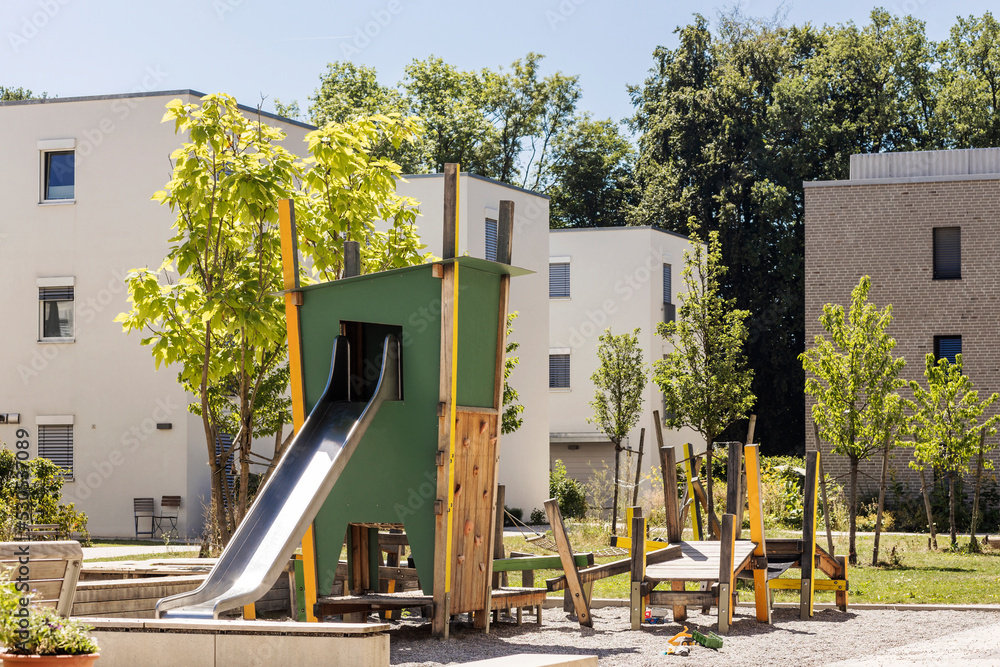 View of Kids Playground Residential buildings. Modern Playground for Childrens ...
