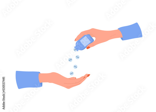 Female hand holding pills bottle. Healthcare concept. Woman drinks antidepressants. Vector illustration in flat cartoon style. Medication and pharmaceutical drug.