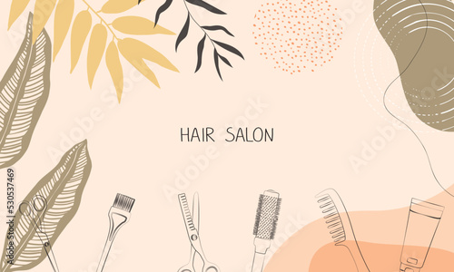 Frame, border of hairdressing tools. Hair salon accessories outline, comb, scissors and abstraction. Vector illustration, template for design and hairdresser information.