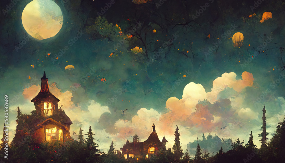 Dark Fairy Town Witch House in the Moon Night Forest. Fantasy Backdrop Concept Art Realistic Illustration Video Game Background. Digital Painting CG Artwork. Scenery Artwork Serious Book Illustration
