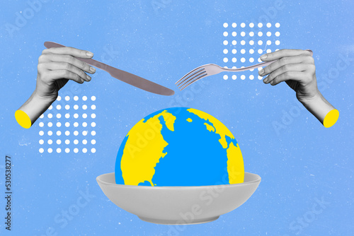 Fototapeta Naklejka Na Ścianę i Meble -  Creative trend collage of hands holding fork knife tableware ready cut eat mini planet earth globe meal bowl international cuisine travel