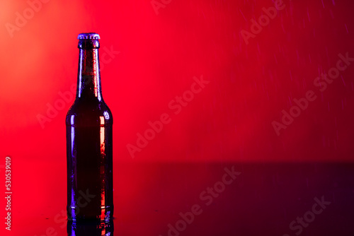 Image of brown glass lager beer bottle with crown cap, with copy space on red background