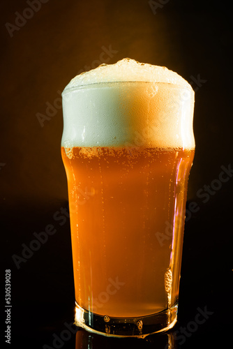 Image of pint glass full of foamy beer, with copy space