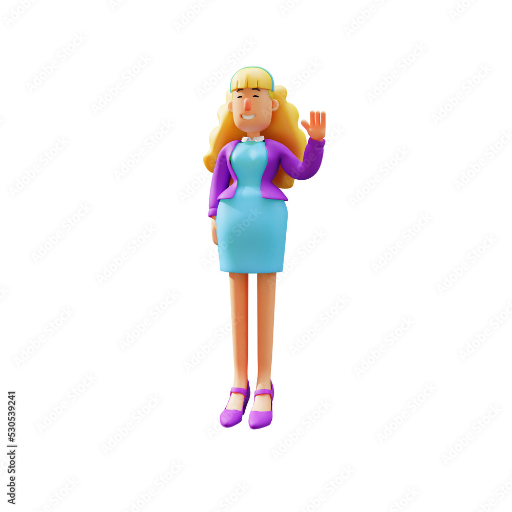 3D illustration. 3D Cute Business Woman Cartoon Design Waving Hand. with a standing pose using pretty shoes. showing a happy smile. 3D Cartoon Character 3D illustration. 3D Cute Business Woman Cartoon Design Waving Hand. with a standing pose using pretty shoes. showing a happy smile. 3D Cartoon Character