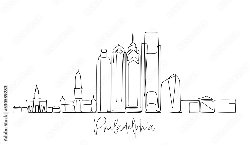Single line drawing of Philadelphia USA skyline. Town and buildings landscape model. Best holiday destination wall decor art. Editable trendy design