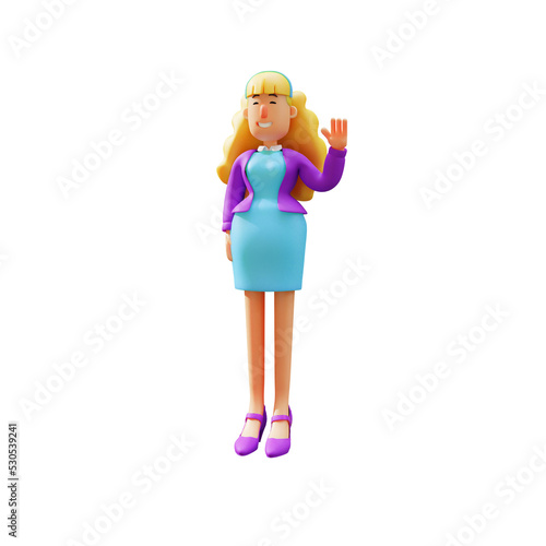 3D illustration. 3D Cute Business Woman Cartoon Design Waving Hand. with a standing pose using pretty shoes. showing a happy smile. 3D Cartoon Character